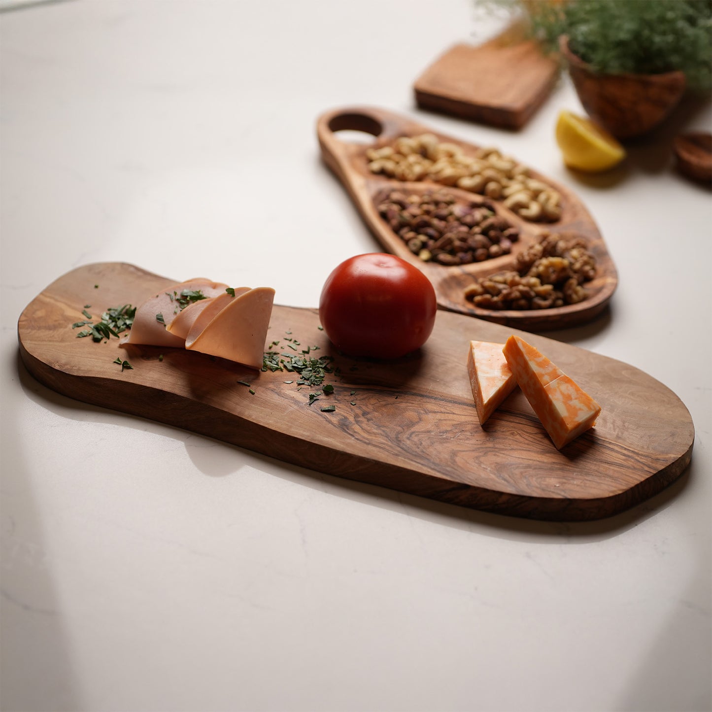 Handcrafted Olive Wood Live-Edge Serving Board — Raw Edge with Bark Inclusion