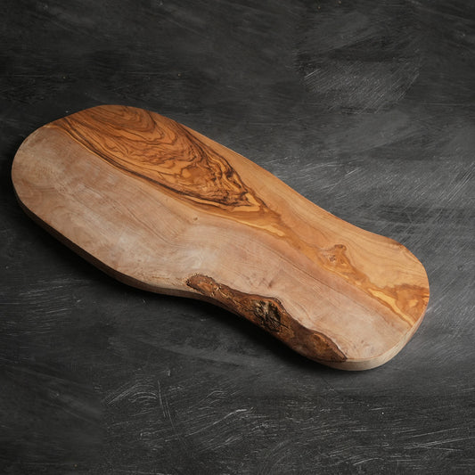 Handcrafted Olive Wood Live-Edge Serving Board — Raw Edge with Bark Inclusion