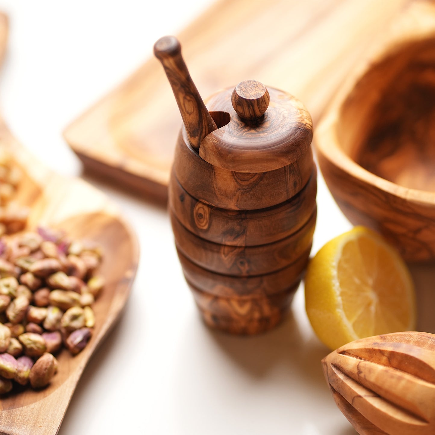Olive Wood Honey Jar with Dipper